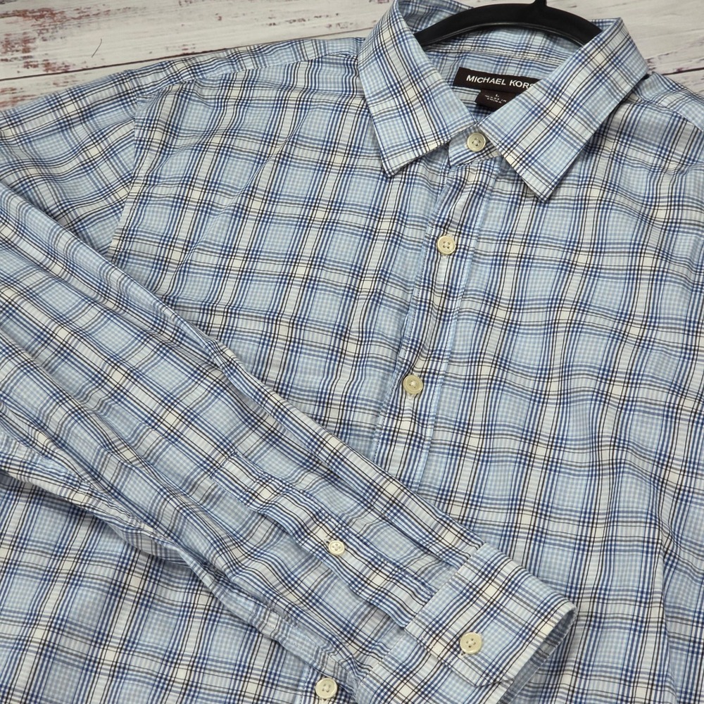 Michael Kors Button Down Shirt Mens L Blue Plaid Excellent Long Sleeve Cotton